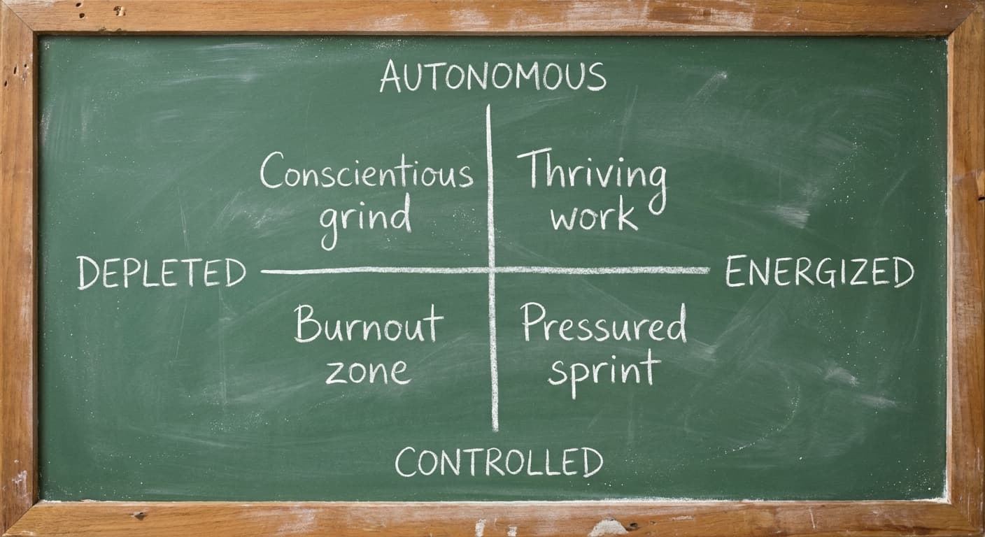 Chalk quadrant model on a green chalkboard: autonomous versus controlled motivation, energized versus depleted, with four labels for thriving work, conscientious grind, pressured sprint and burnout zone